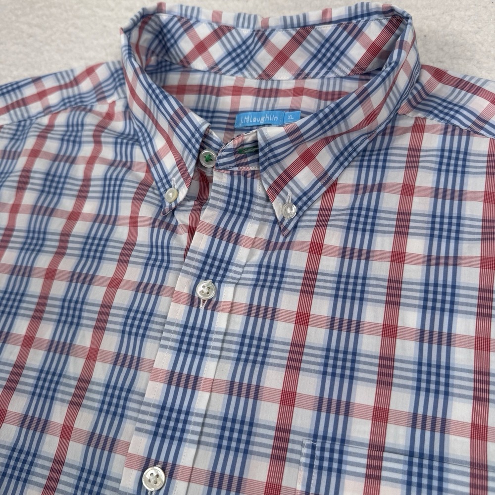 J. McLaughlin Shirt Mens XL Performance Long Sleeve Button Down Red Blue Plaid